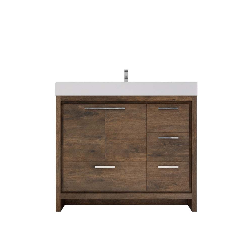 Azure 42" Rosewood Freestanding Vanity with Reinforced Acrylic Sink (Right Side Drawers)