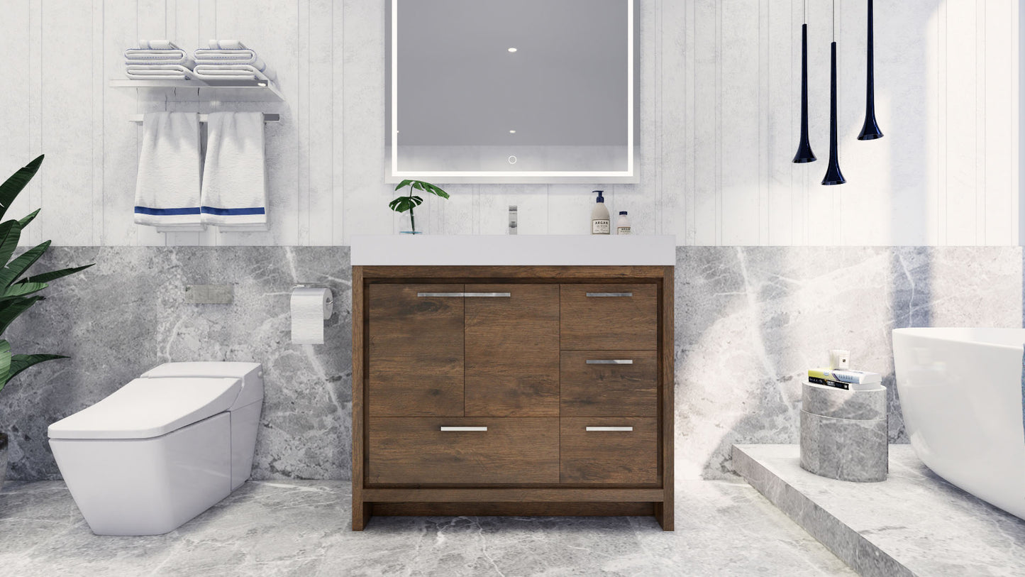 Azure 42" Rosewood Freestanding Vanity with Reinforced Acrylic Sink (Right Side Drawers)