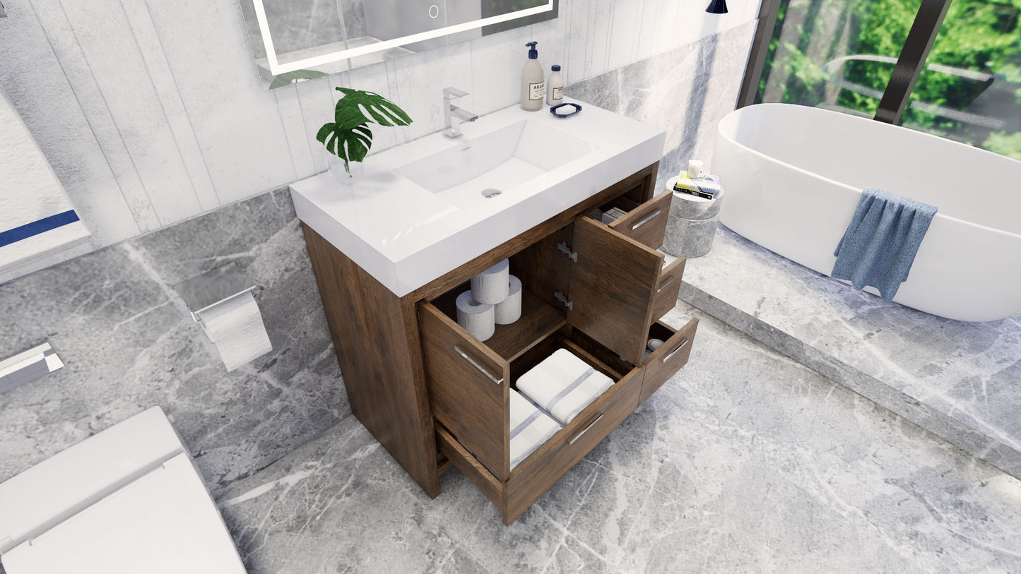 Azure 42" Rosewood Freestanding Vanity with Reinforced Acrylic Sink (Right Side Drawers)