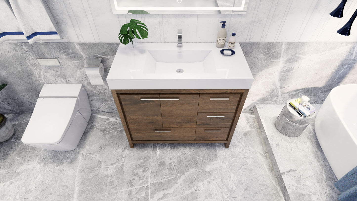 Azure 42" Rosewood Freestanding Vanity with Reinforced Acrylic Sink (Right Side Drawers)