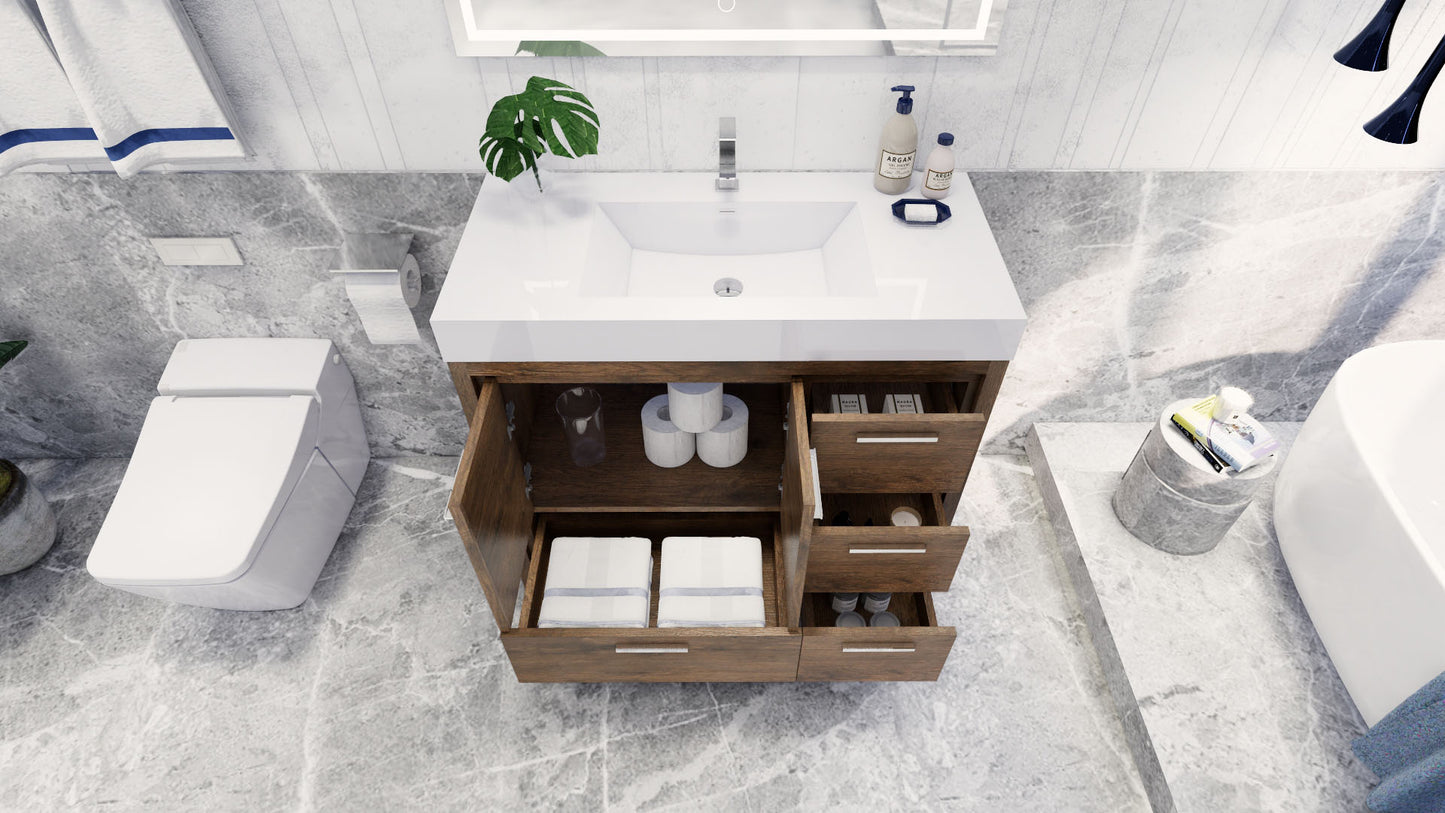Azure 42" Rosewood Freestanding Vanity with Reinforced Acrylic Sink (Right Side Drawers)