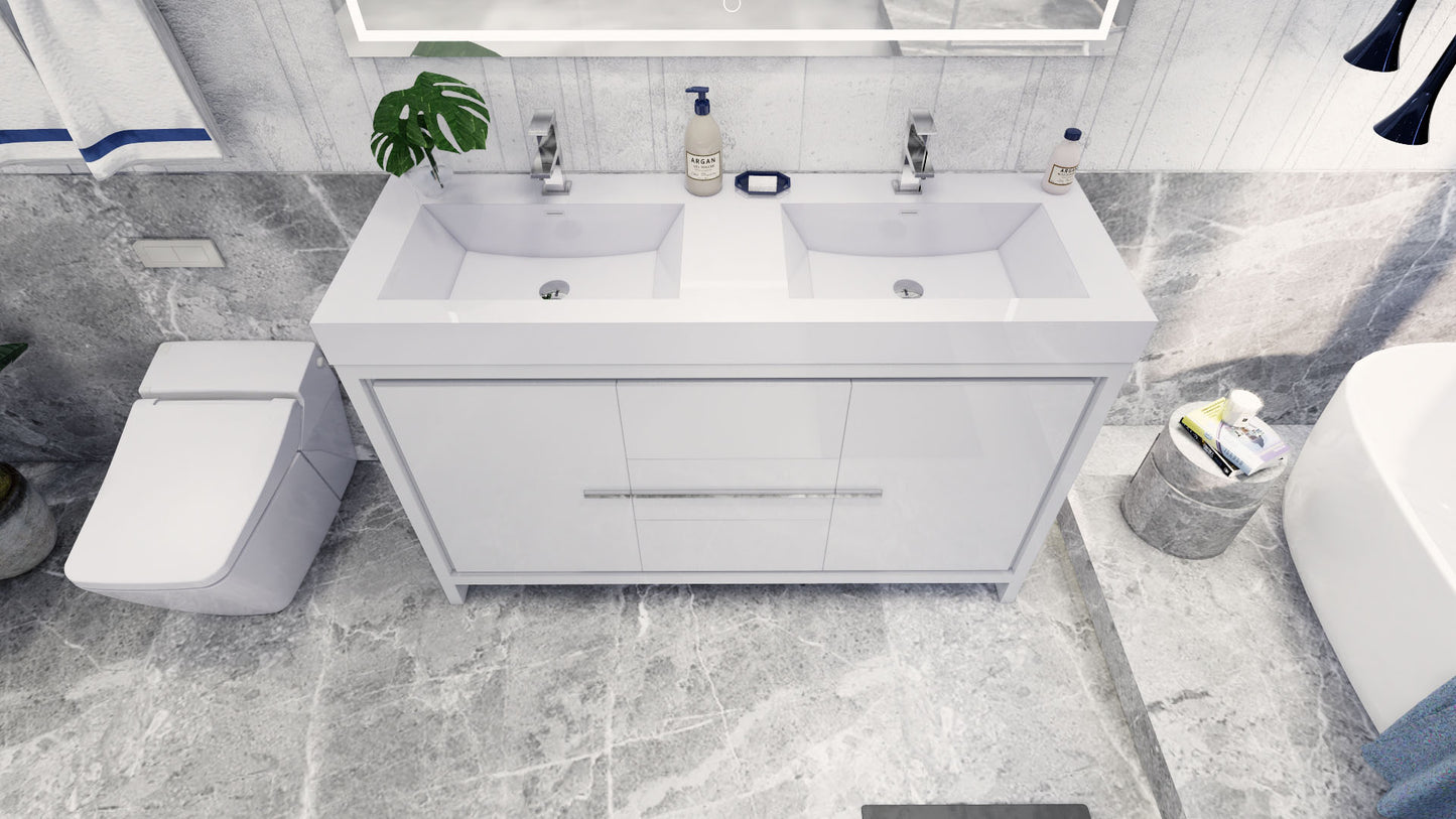 Azure 60" High Gloss White Freestanding Vanity with Reinforced Acrylic Sinks