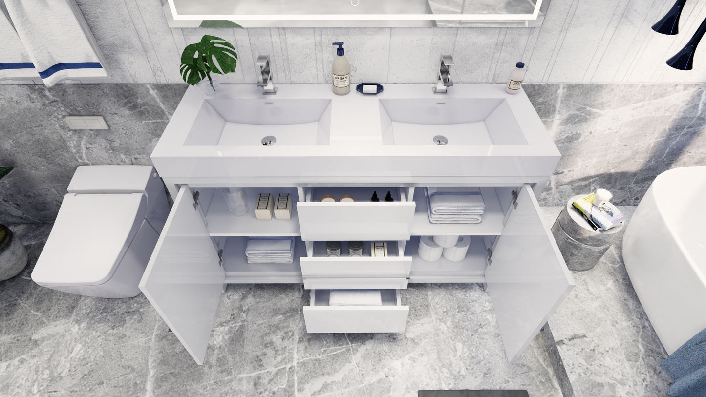 Azure 60" High Gloss White Freestanding Vanity with Reinforced Acrylic Sinks