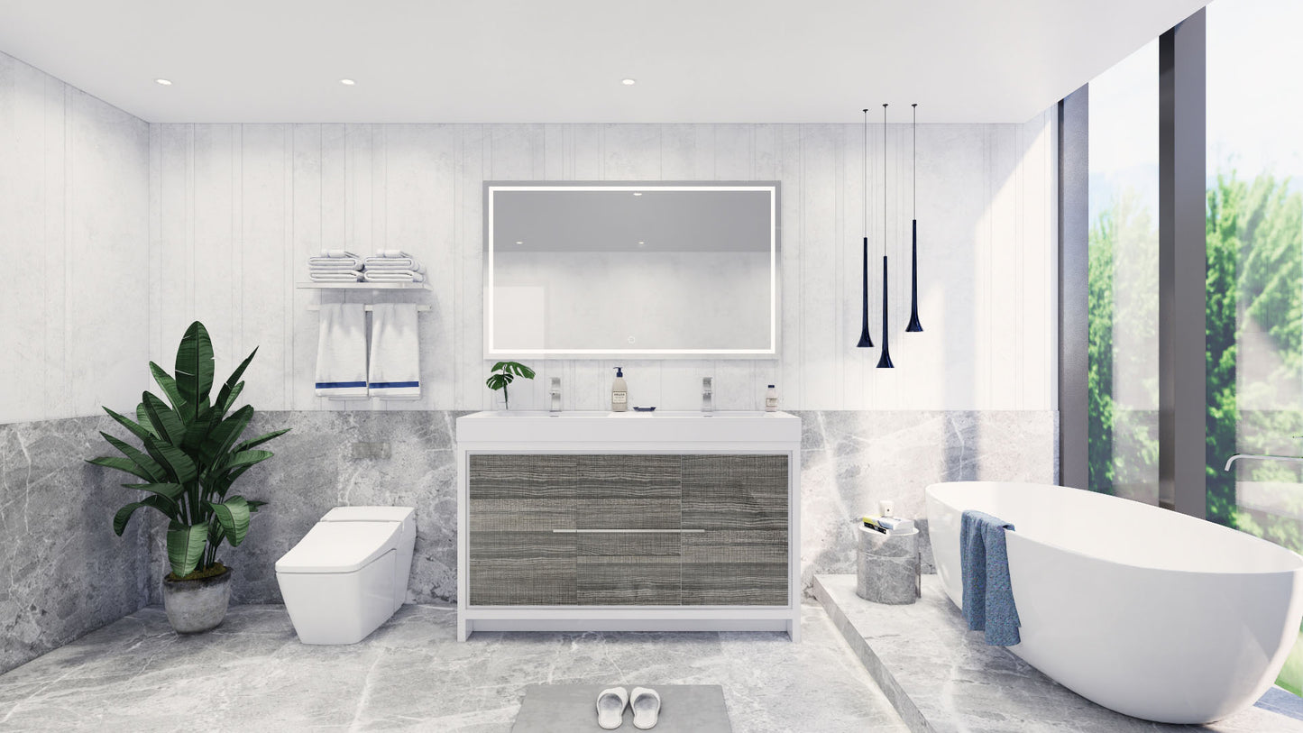 Azure 60" High Gloss Ash Gray Freestanding Vanity with Reinforced Acrylic Sinks