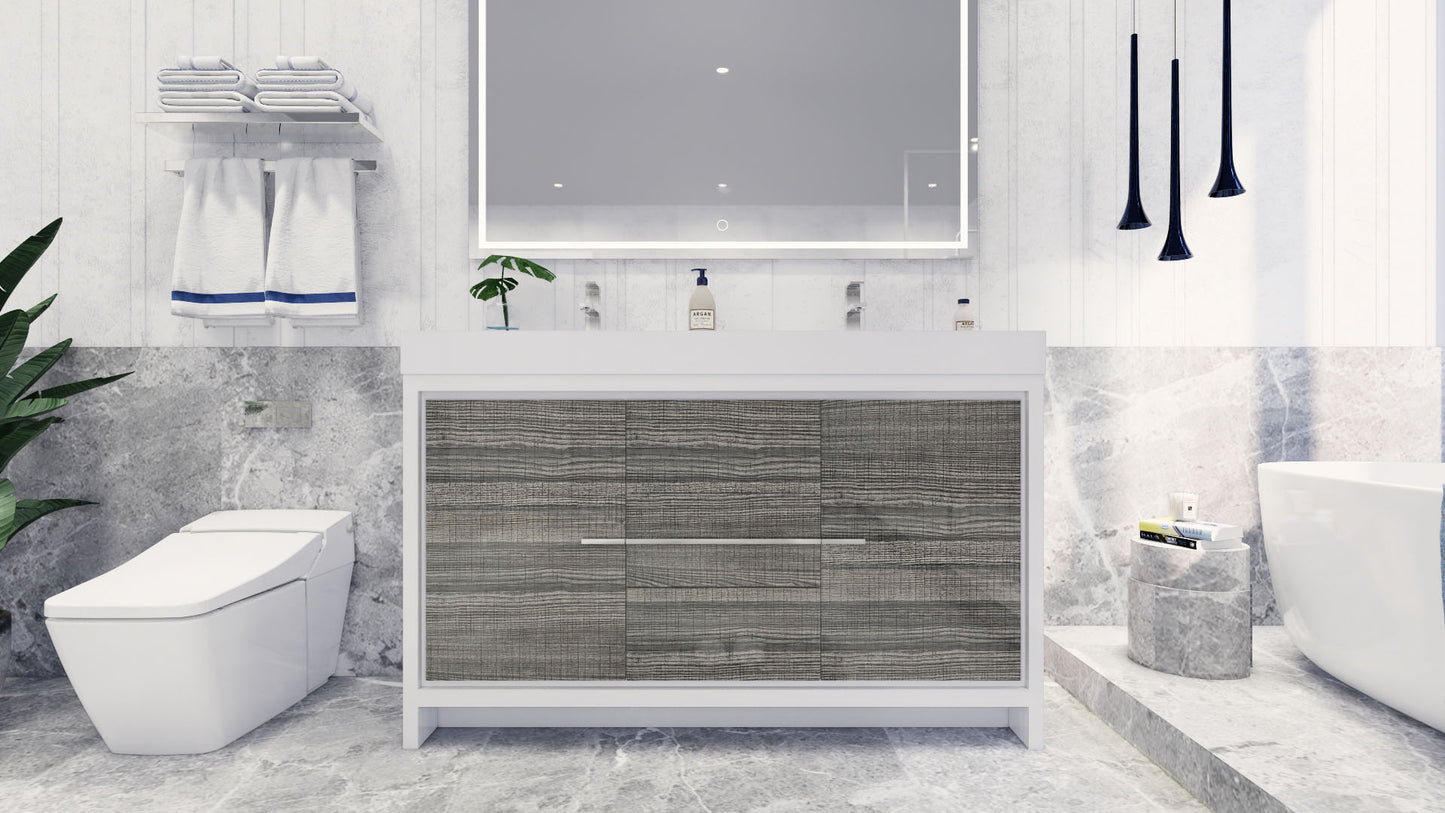 Azure 60" High Gloss Ash Gray Freestanding Vanity with Reinforced Acrylic Sinks