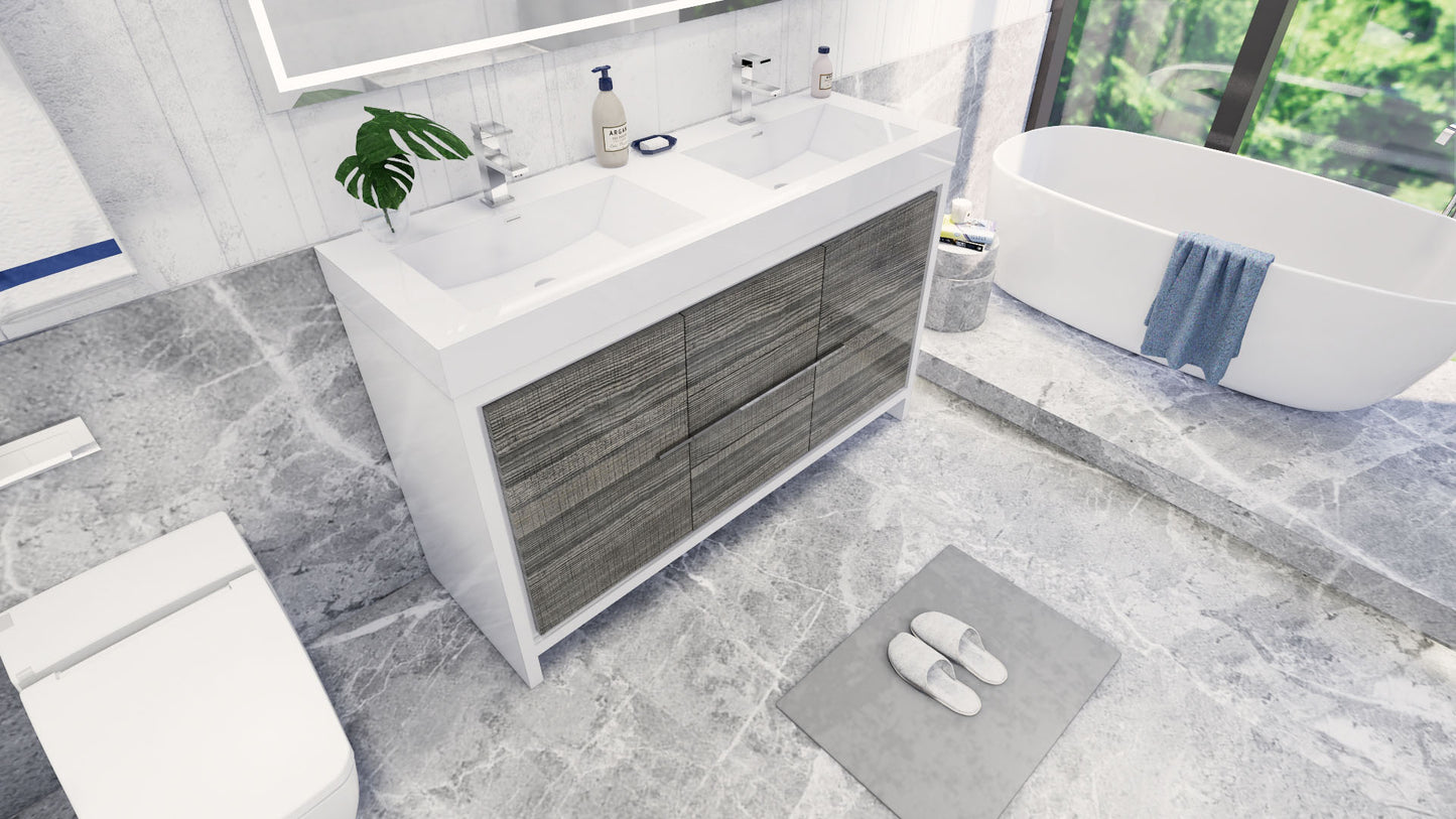 Azure 60" High Gloss Ash Gray Freestanding Vanity with Reinforced Acrylic Sinks