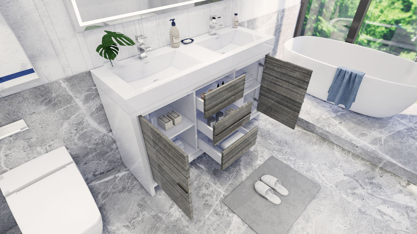 Azure 60" High Gloss Ash Gray Freestanding Vanity with Reinforced Acrylic Sinks