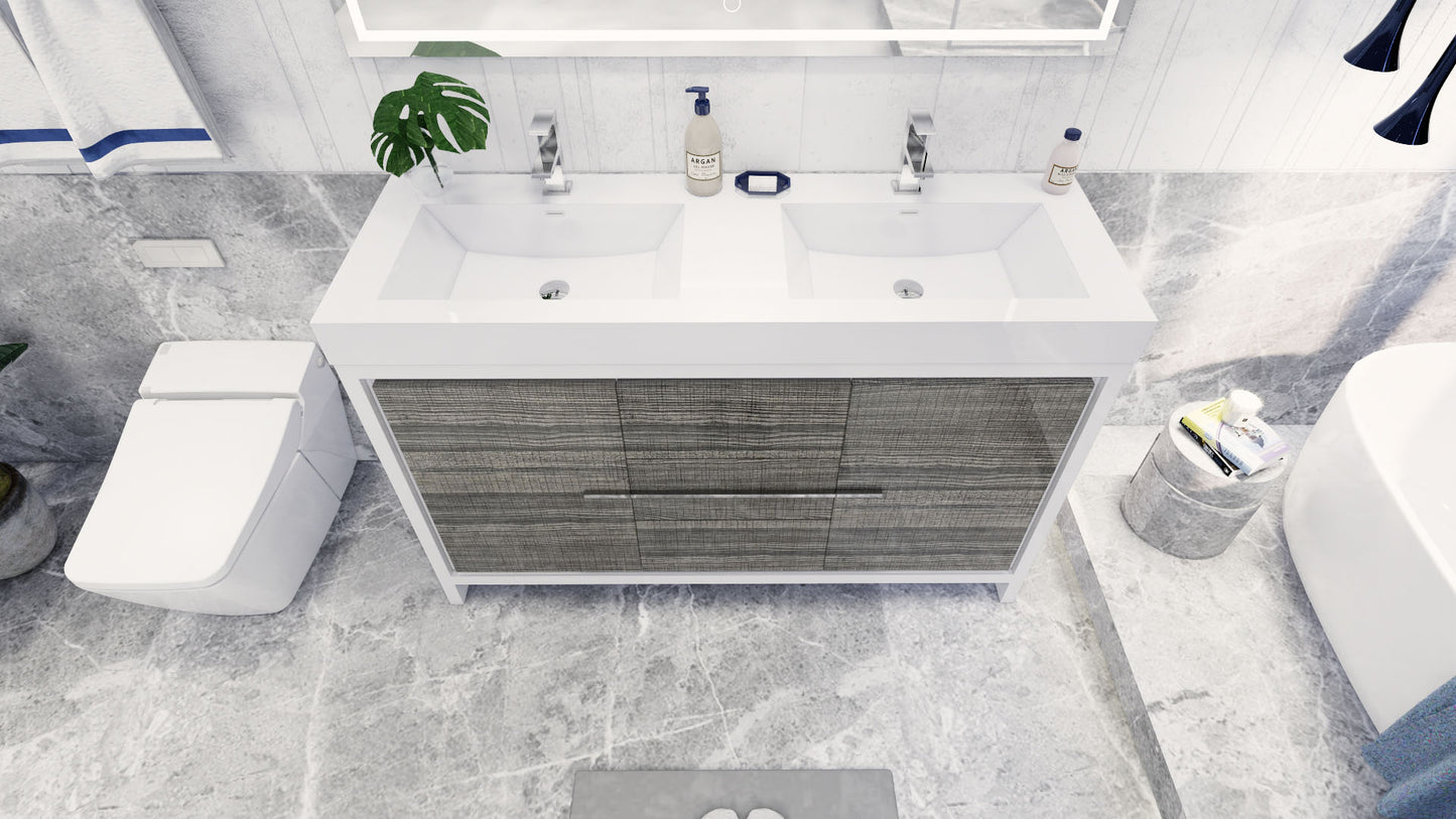 Azure 60" High Gloss Ash Gray Freestanding Vanity with Reinforced Acrylic Sinks