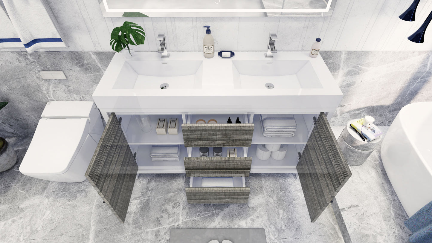 Azure 60" High Gloss Ash Gray Freestanding Vanity with Reinforced Acrylic Sinks