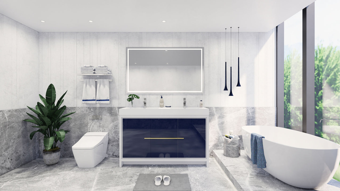 Azure 60" High Gloss Night Blue Freestanding Vanity with Reinforced Acrylic Sinks