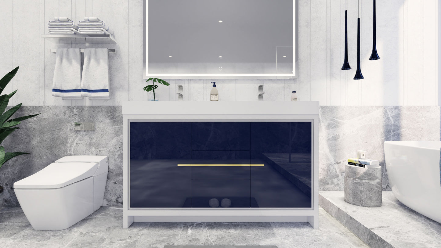 Azure 60" High Gloss Night Blue Freestanding Vanity with Reinforced Acrylic Sinks