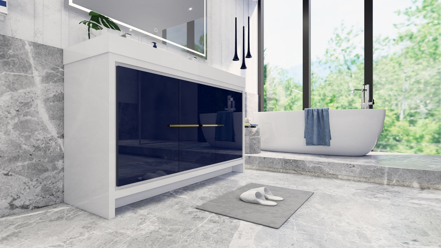 Azure 60" High Gloss Night Blue Freestanding Vanity with Reinforced Acrylic Sinks