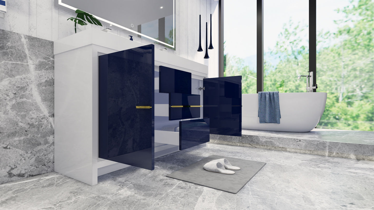 Azure 60" High Gloss Night Blue Freestanding Vanity with Reinforced Acrylic Sinks