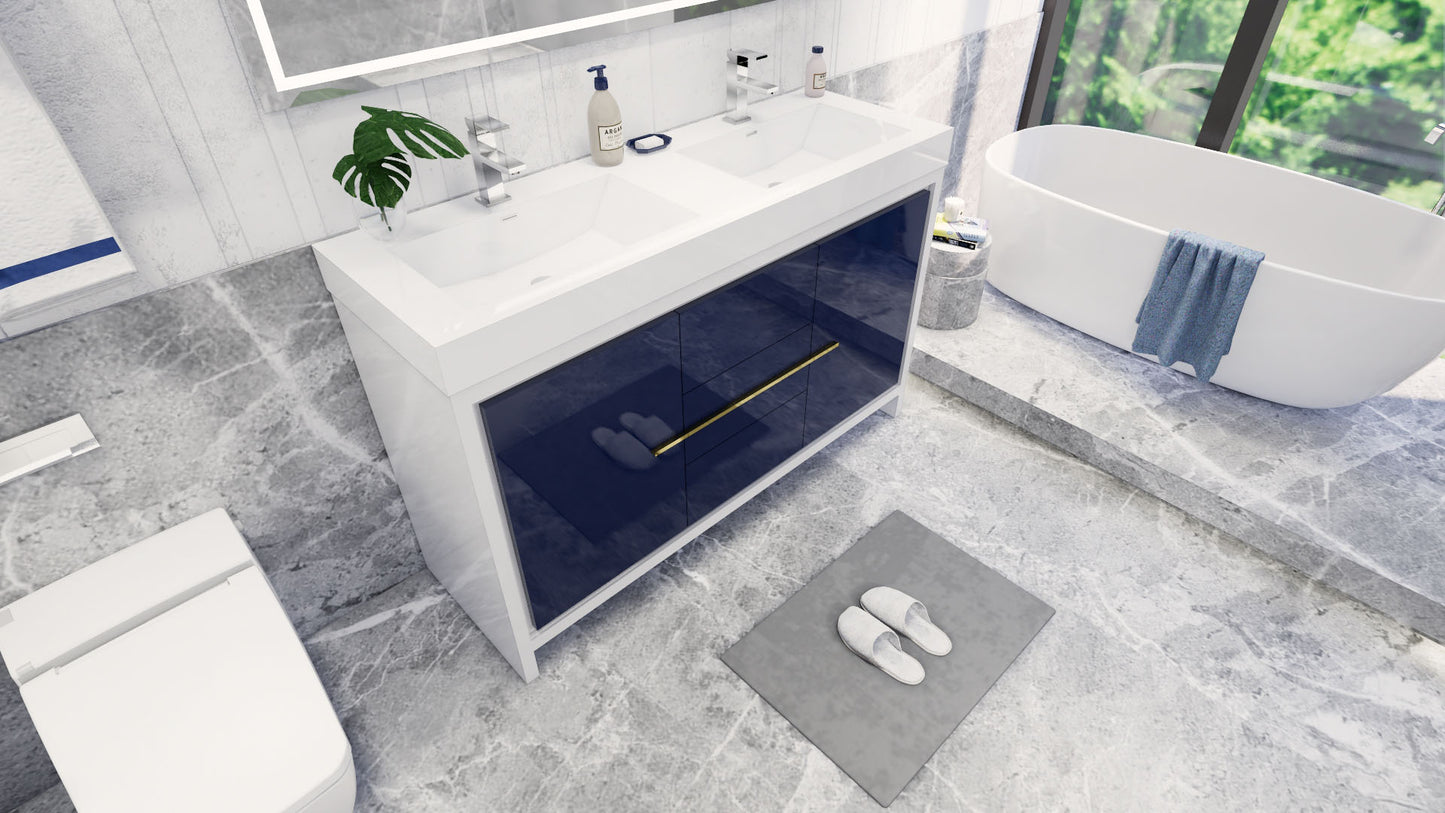Azure 60" High Gloss Night Blue Freestanding Vanity with Reinforced Acrylic Sinks