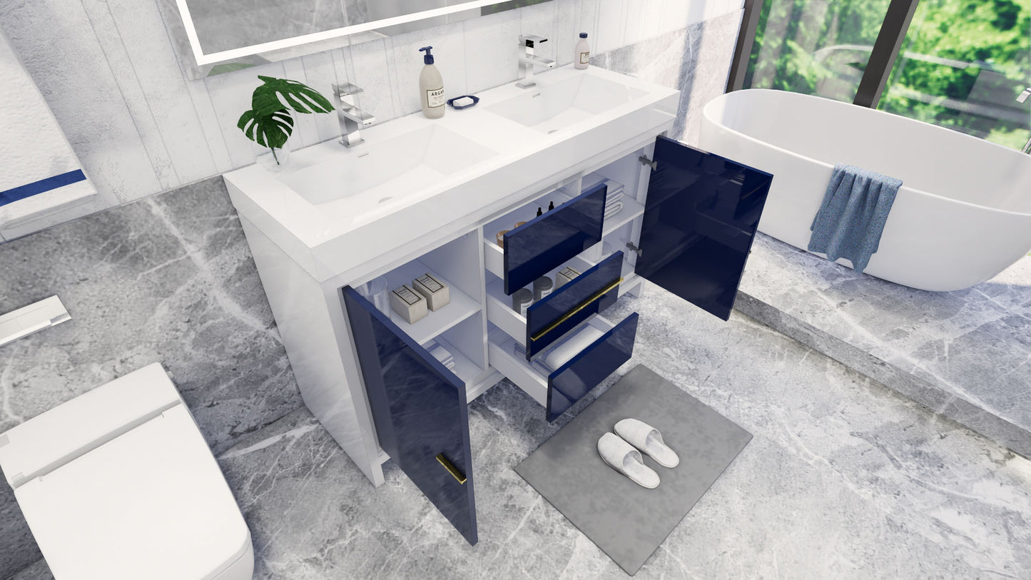 Azure 60" High Gloss Night Blue Freestanding Vanity with Reinforced Acrylic Sinks