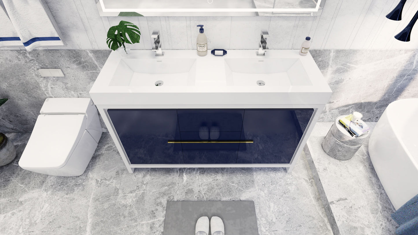 Azure 60" High Gloss Night Blue Freestanding Vanity with Reinforced Acrylic Sinks