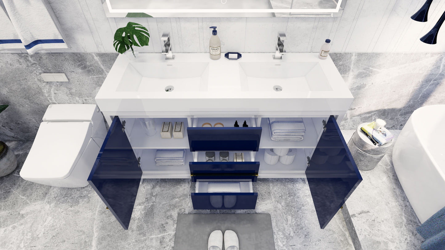 Azure 60" High Gloss Night Blue Freestanding Vanity with Reinforced Acrylic Sinks