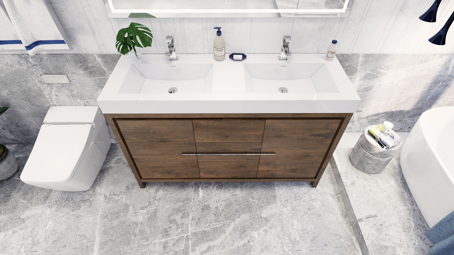 Azure 60" Rosewood Freestanding Vanity with Reinforced Acrylic Sinks