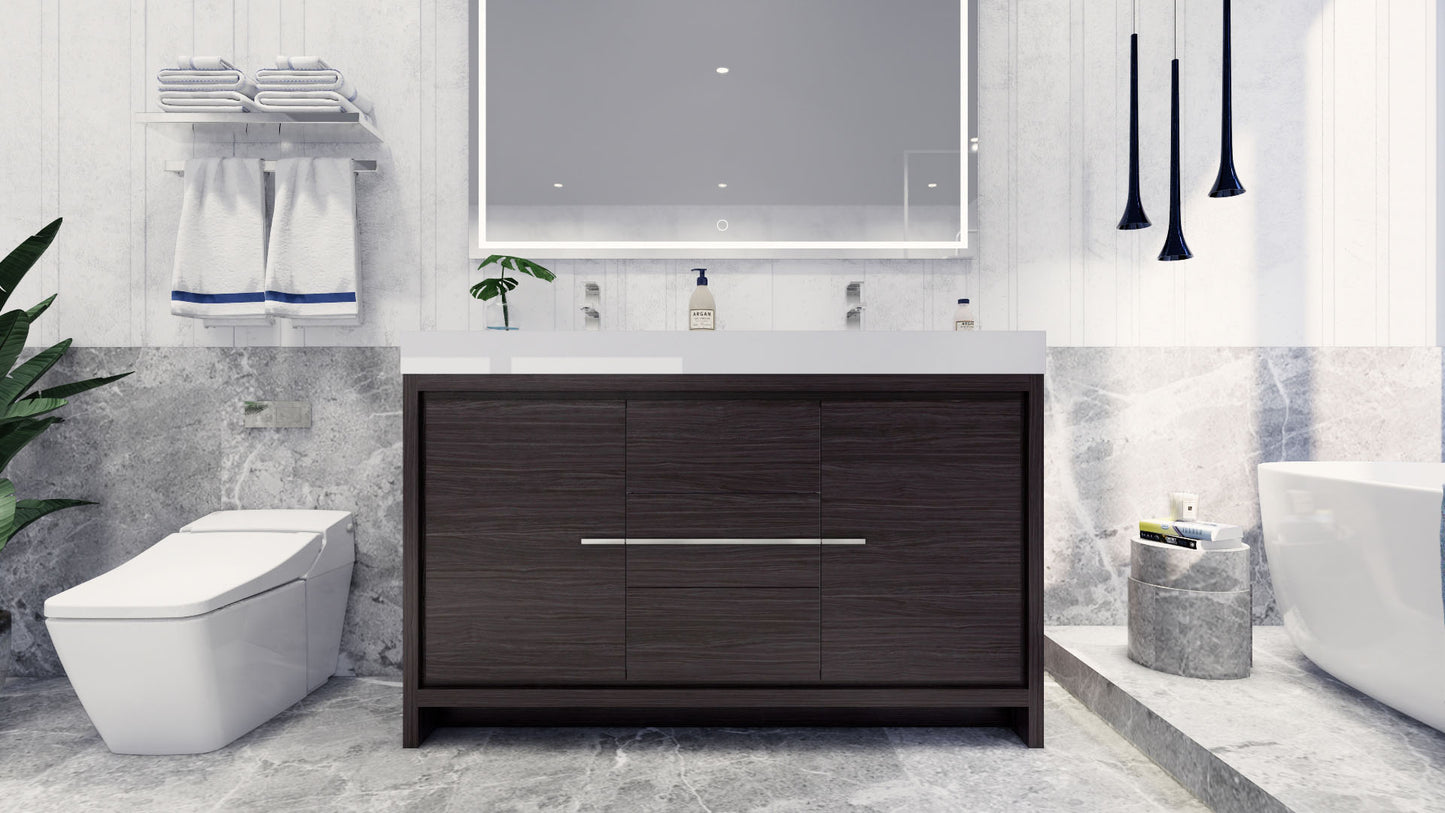 Azure 60" Dark Gray Oak Freestanding Vanity with Reinforced Acrylic Sinks