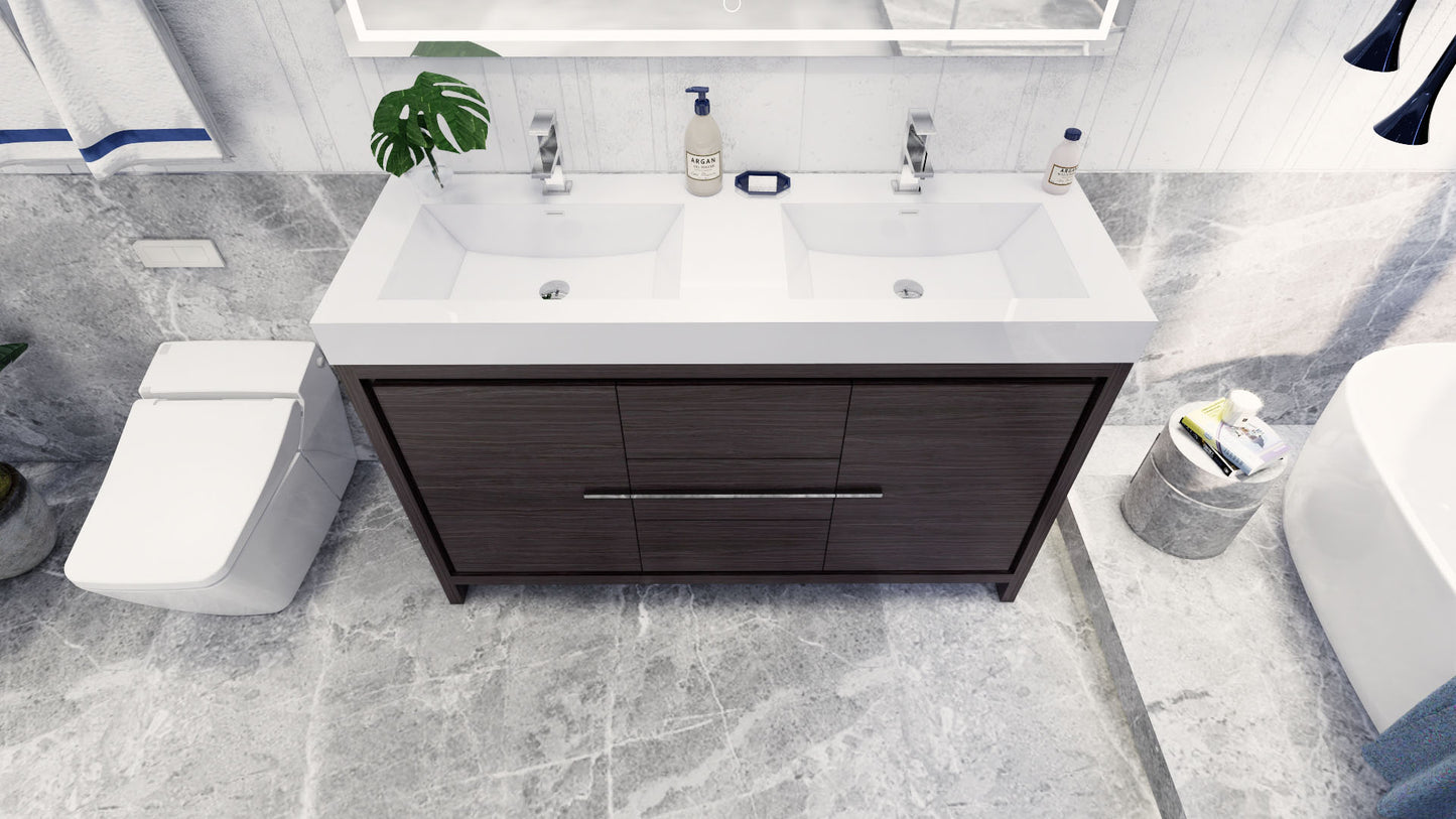 Azure 60" Dark Gray Oak Freestanding Vanity with Reinforced Acrylic Sinks