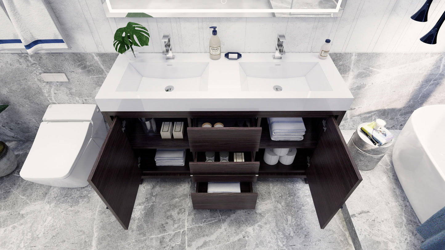 Azure 60" Dark Gray Oak Freestanding Vanity with Reinforced Acrylic Sinks