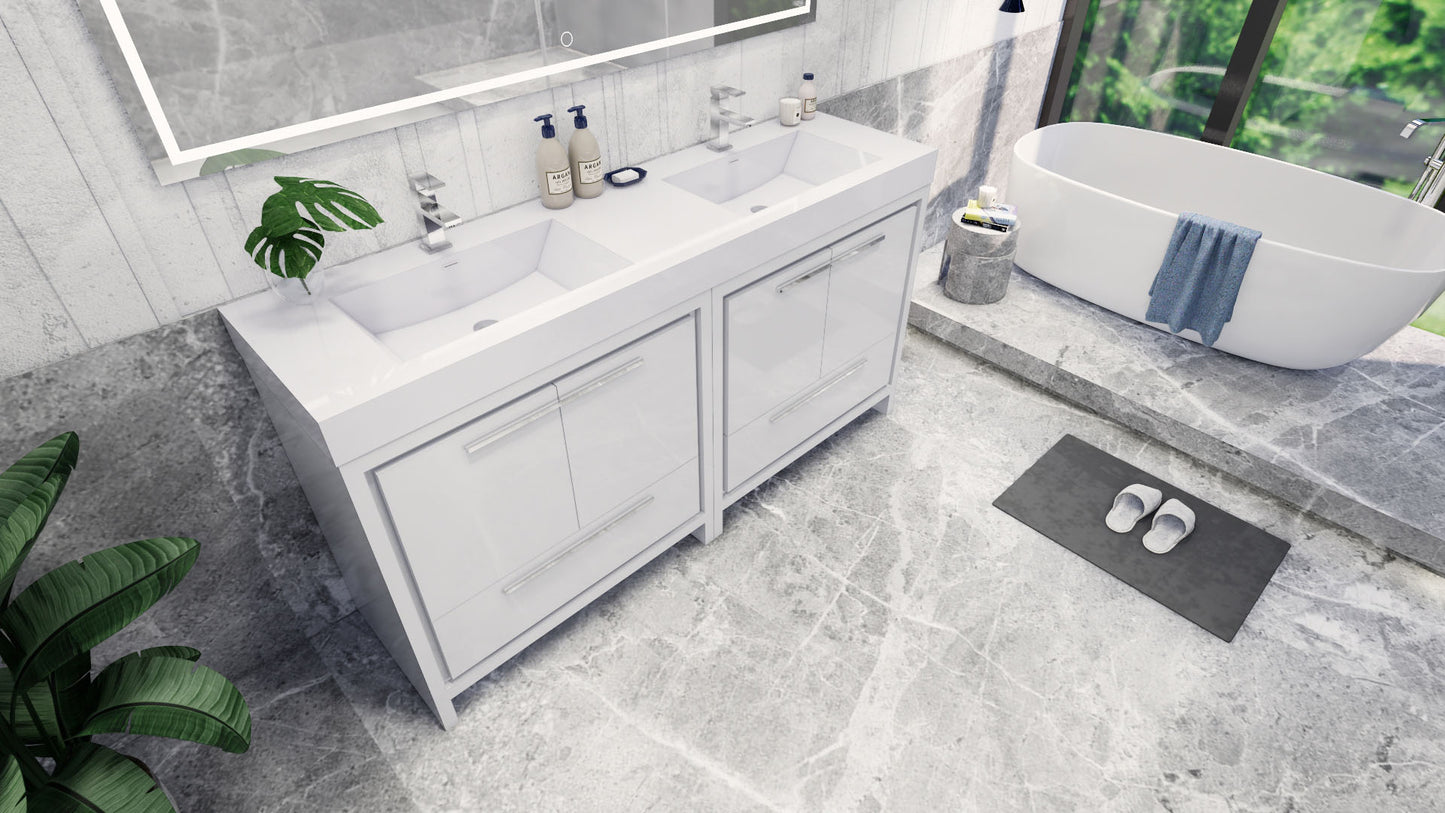 Azure 72" High Gloss White Freestanding Vanity with Reinforced Acrylic Sinks
