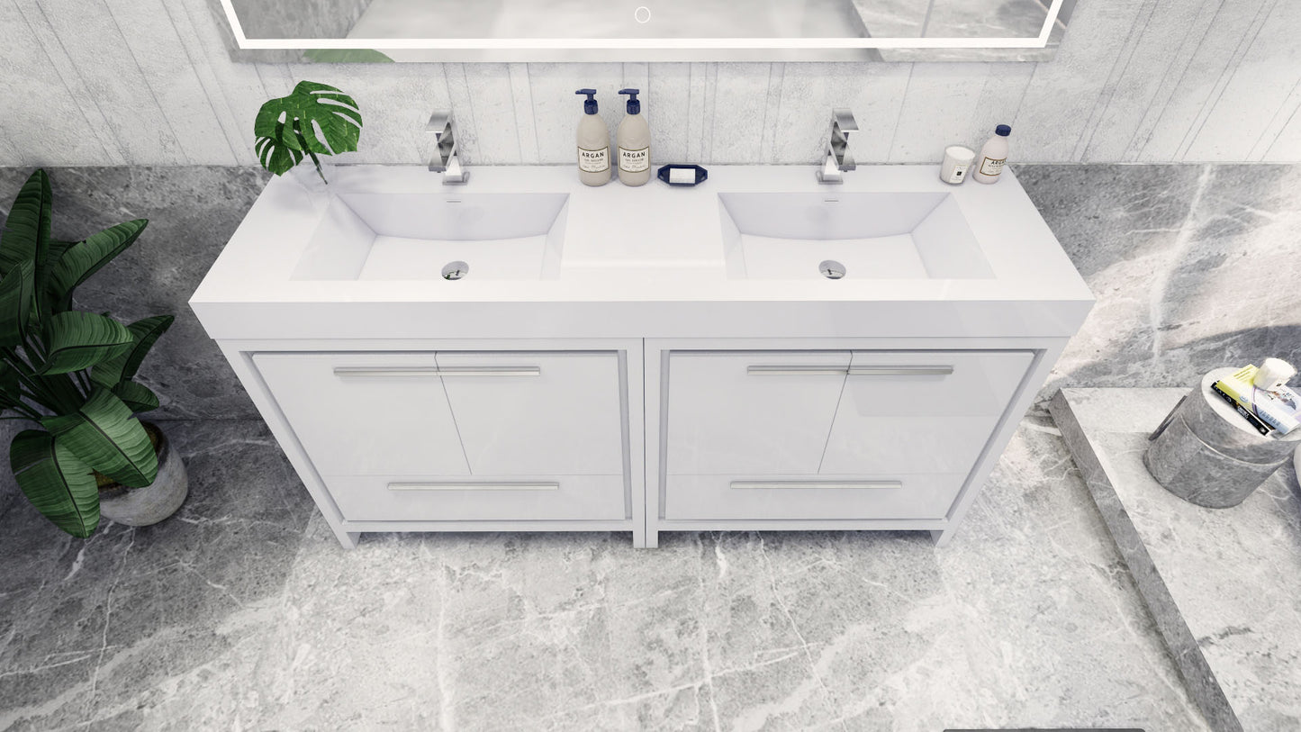 Azure 72" High Gloss White Freestanding Vanity with Reinforced Acrylic Sinks