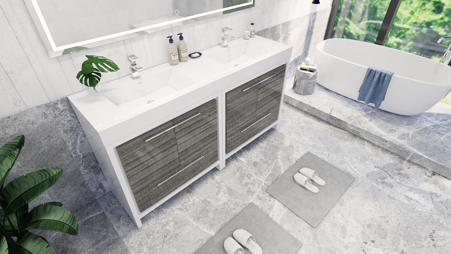 Azure 72" High Gloss Ash Gray Freestanding Vanity with Reinforced Acrylic Sinks