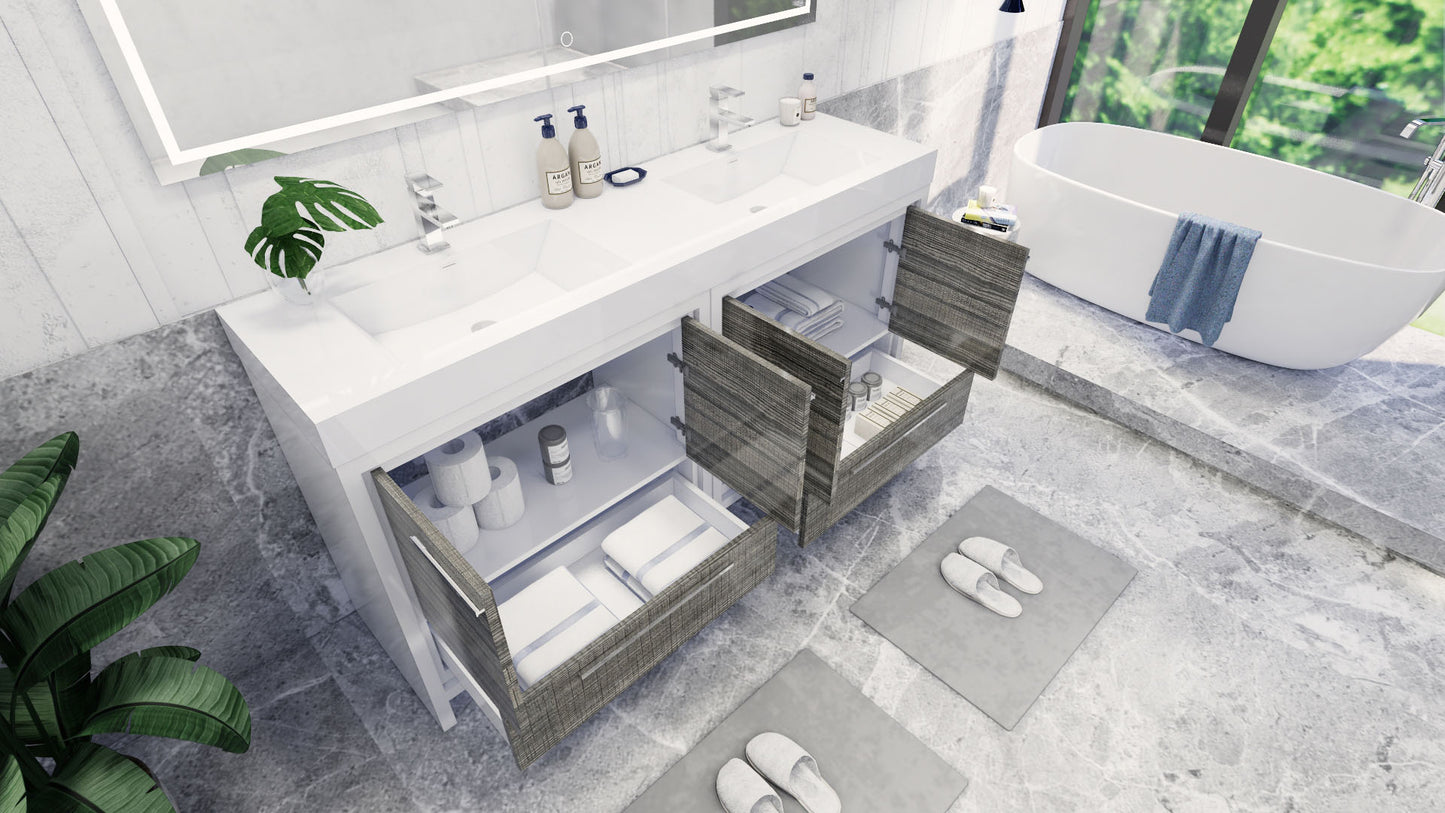 Azure 72" High Gloss Ash Gray Freestanding Vanity with Reinforced Acrylic Sinks