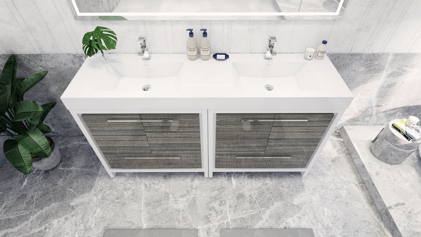 Azure 72" High Gloss Ash Gray Freestanding Vanity with Reinforced Acrylic Sinks