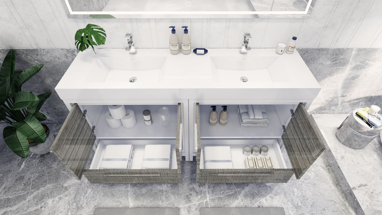 Azure 72" High Gloss Ash Gray Freestanding Vanity with Reinforced Acrylic Sinks