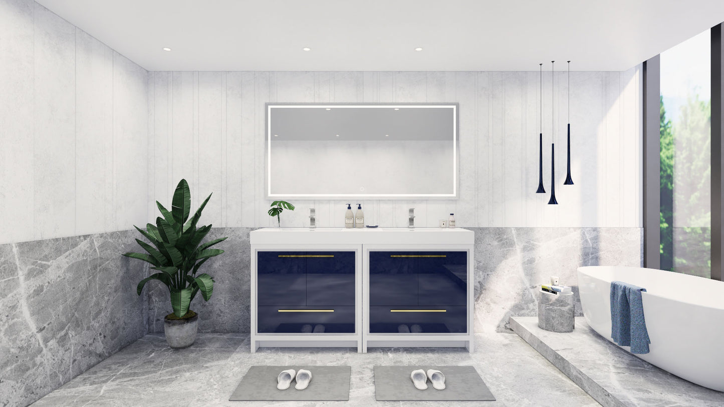 Azure 72" High Gloss Night Blue Freestanding Vanity with Reinforced Acrylic Sinks