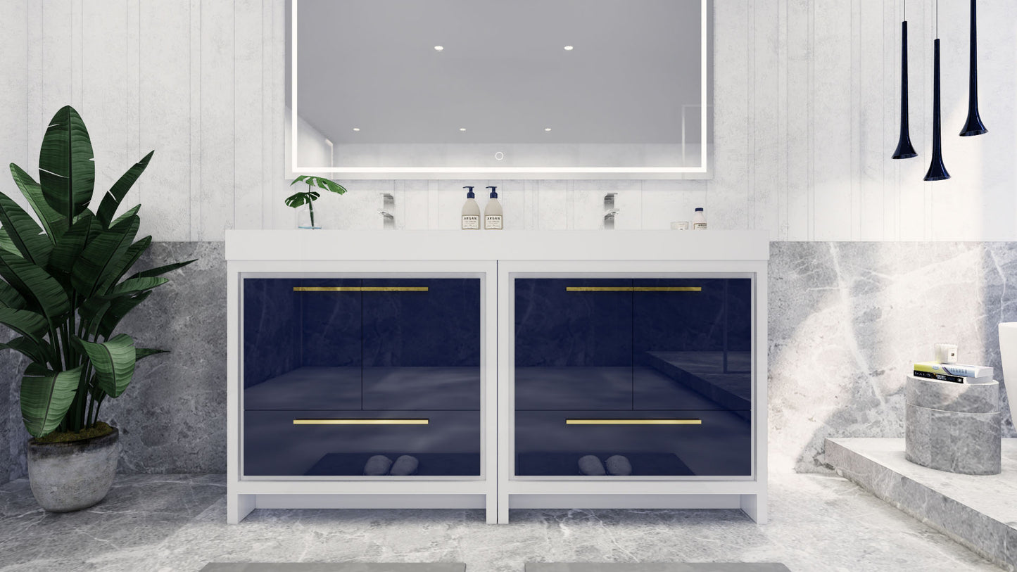Azure 72" High Gloss Night Blue Freestanding Vanity with Reinforced Acrylic Sinks