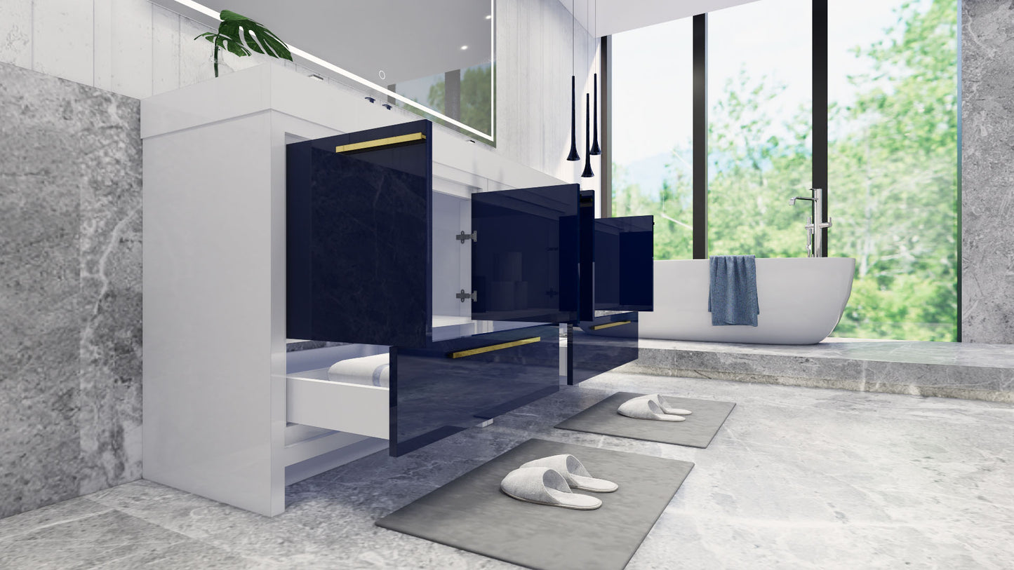 Azure 72" High Gloss Night Blue Freestanding Vanity with Reinforced Acrylic Sinks
