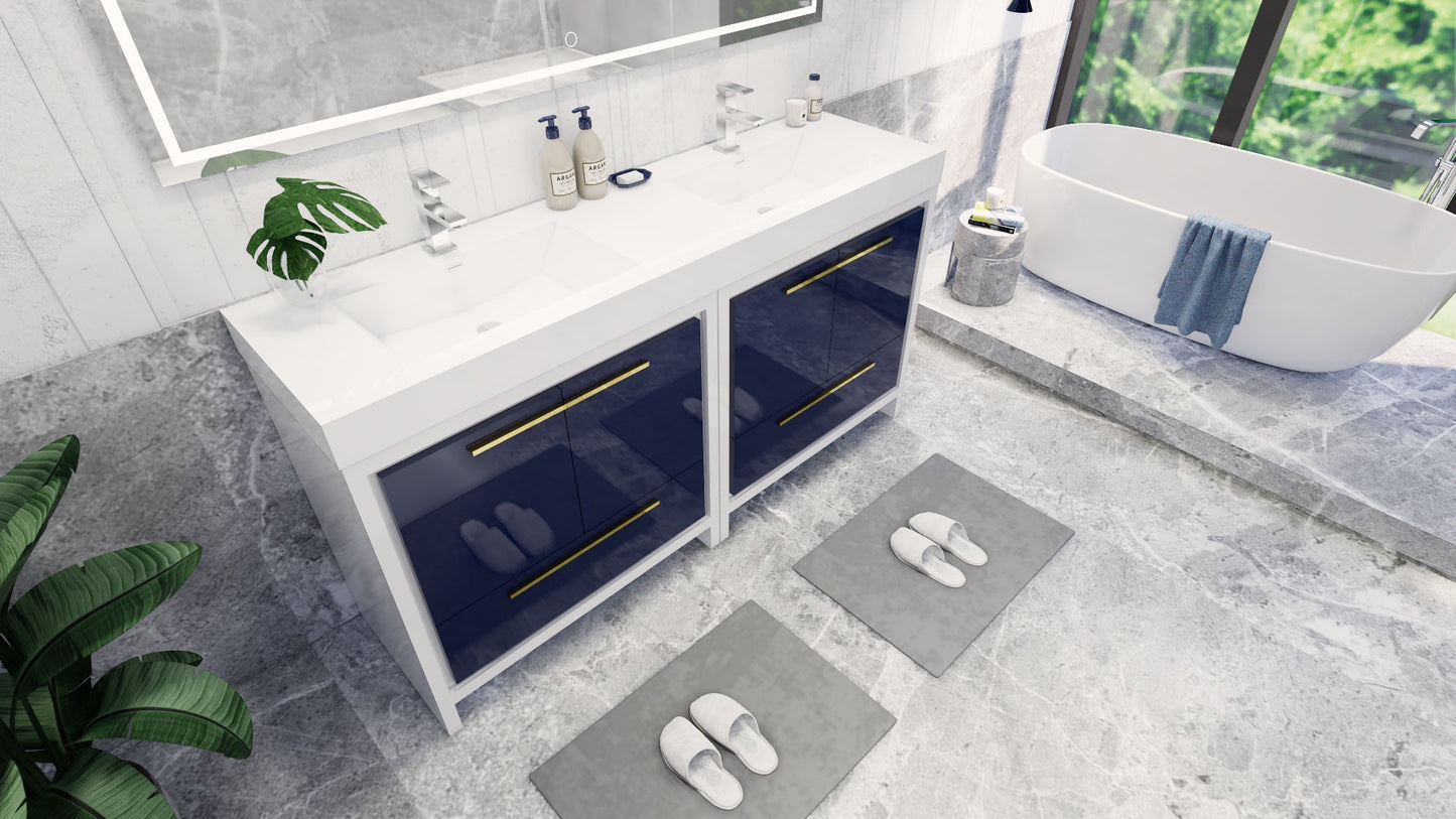 Azure 72" High Gloss Night Blue Freestanding Vanity with Reinforced Acrylic Sinks