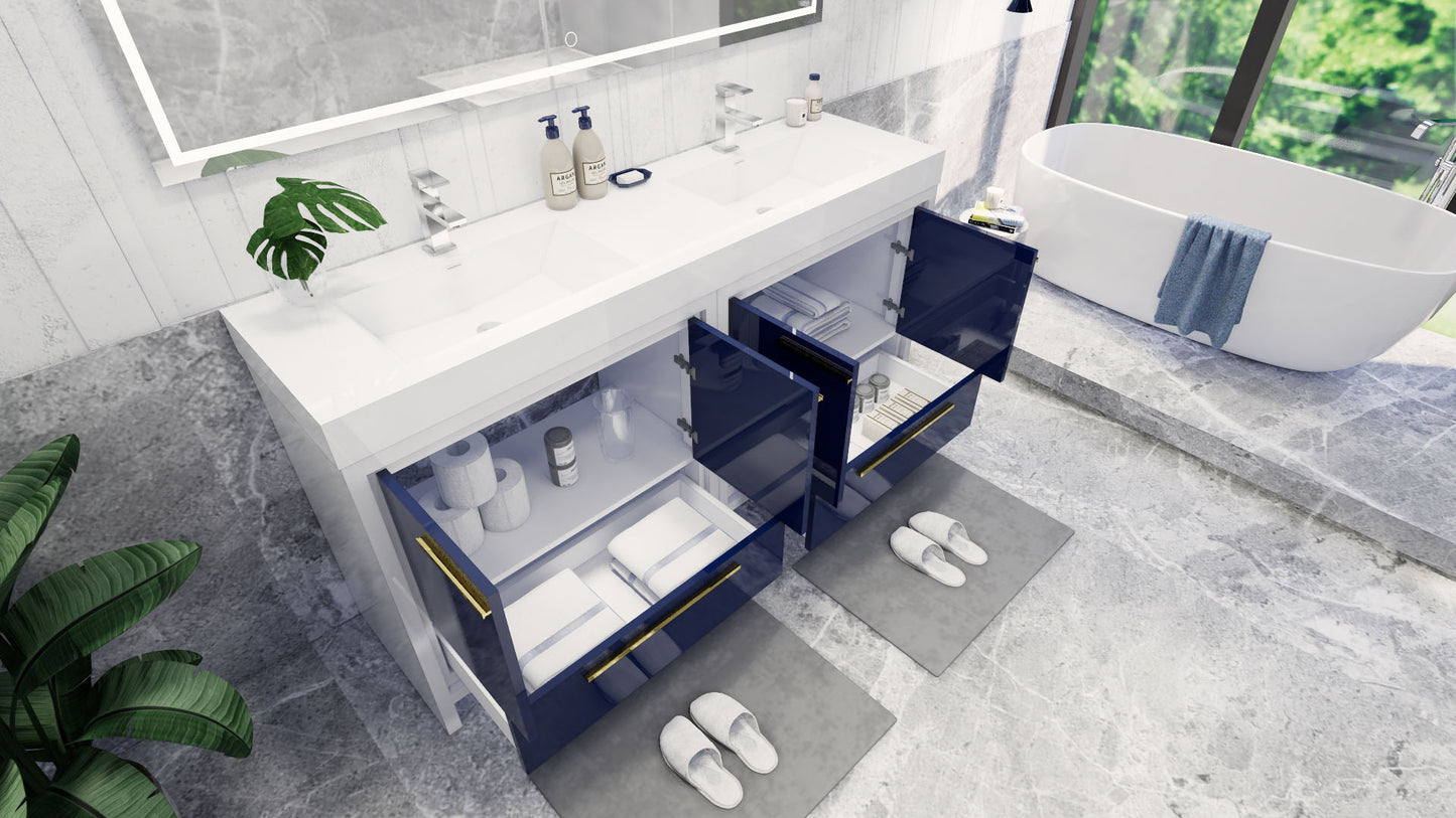 Azure 72" High Gloss Night Blue Freestanding Vanity with Reinforced Acrylic Sinks