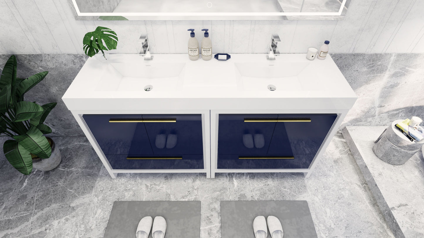 Azure 72" High Gloss Night Blue Freestanding Vanity with Reinforced Acrylic Sinks
