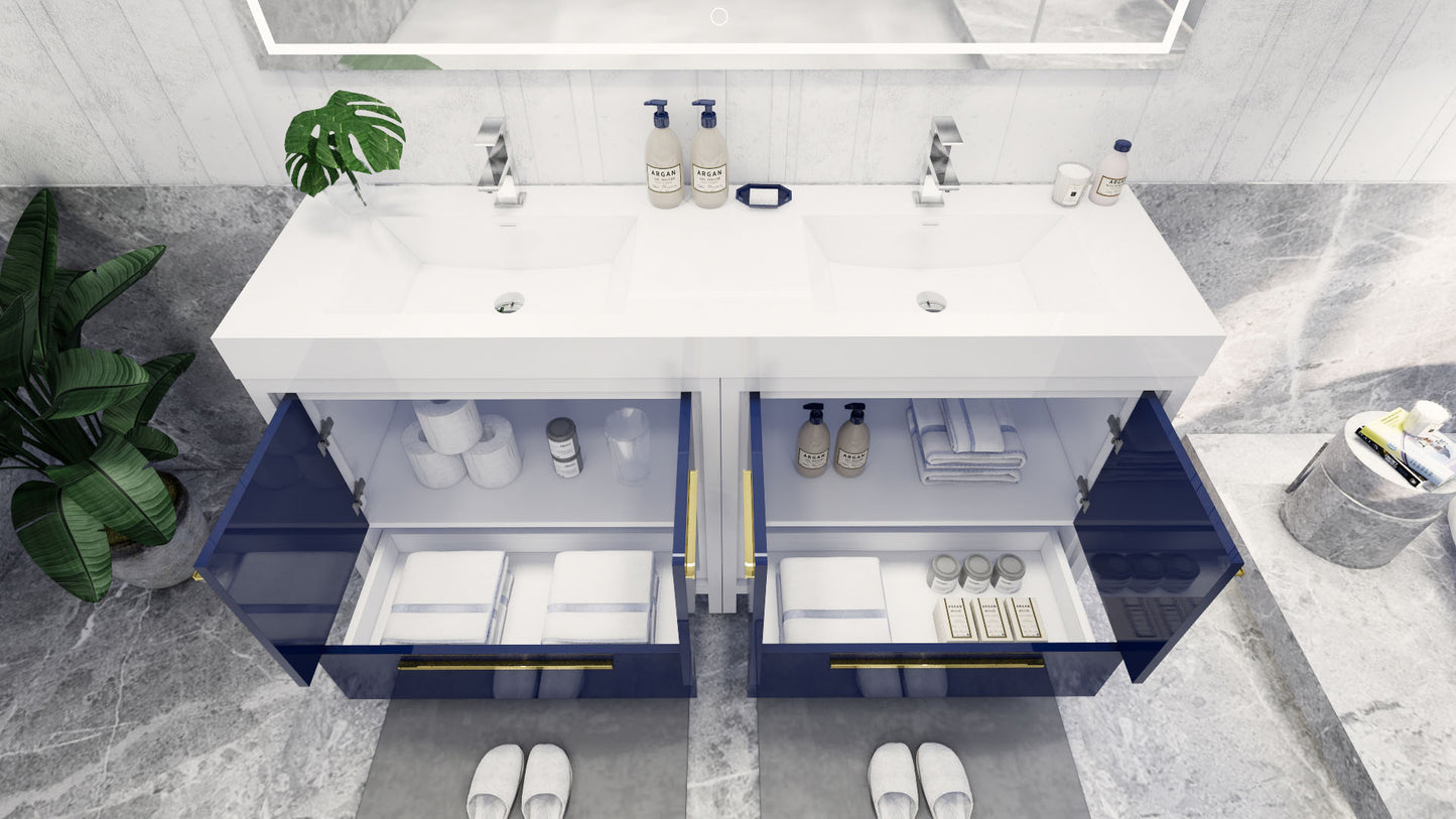 Azure 72" High Gloss Night Blue Freestanding Vanity with Reinforced Acrylic Sinks