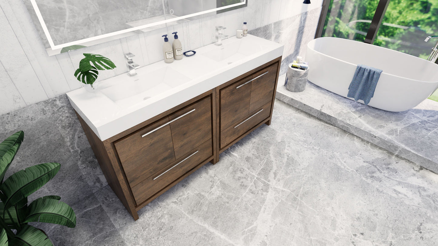 Azure 72" Rosewood Freestanding Vanity with Reinforced Acrylic Sinks