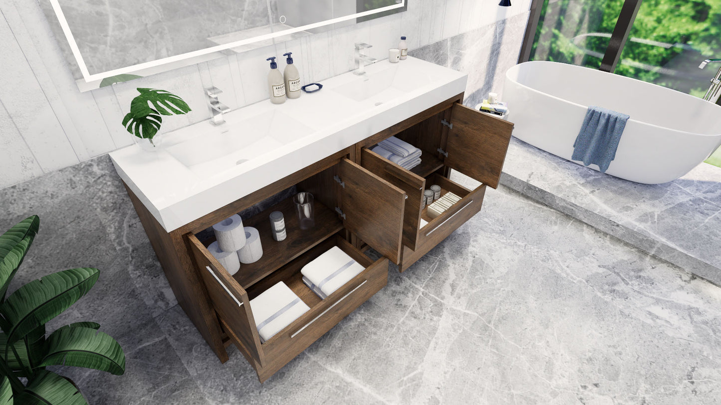 Azure 72" Rosewood Freestanding Vanity with Reinforced Acrylic Sinks