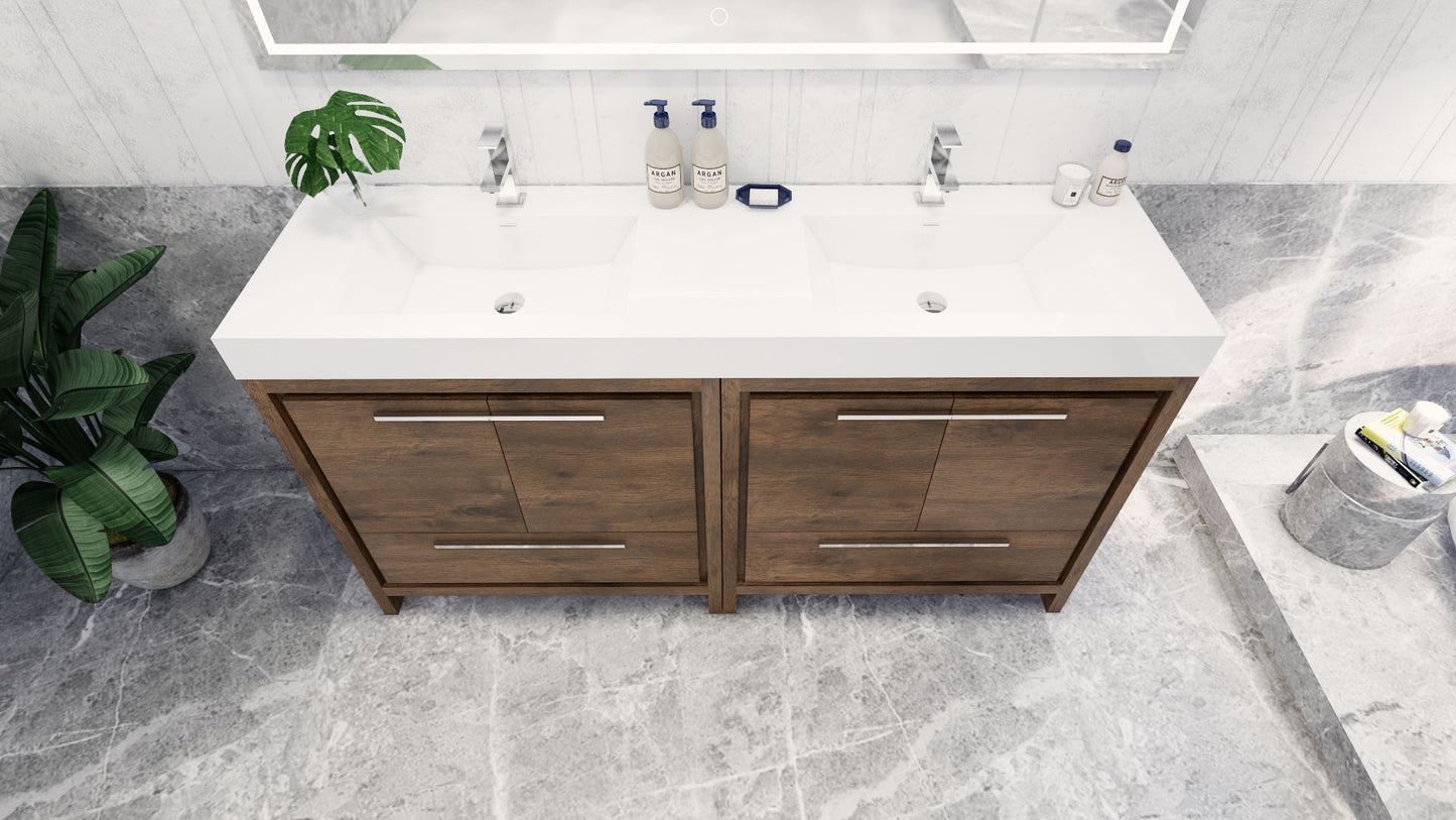 Azure 72" Rosewood Freestanding Vanity with Reinforced Acrylic Sinks