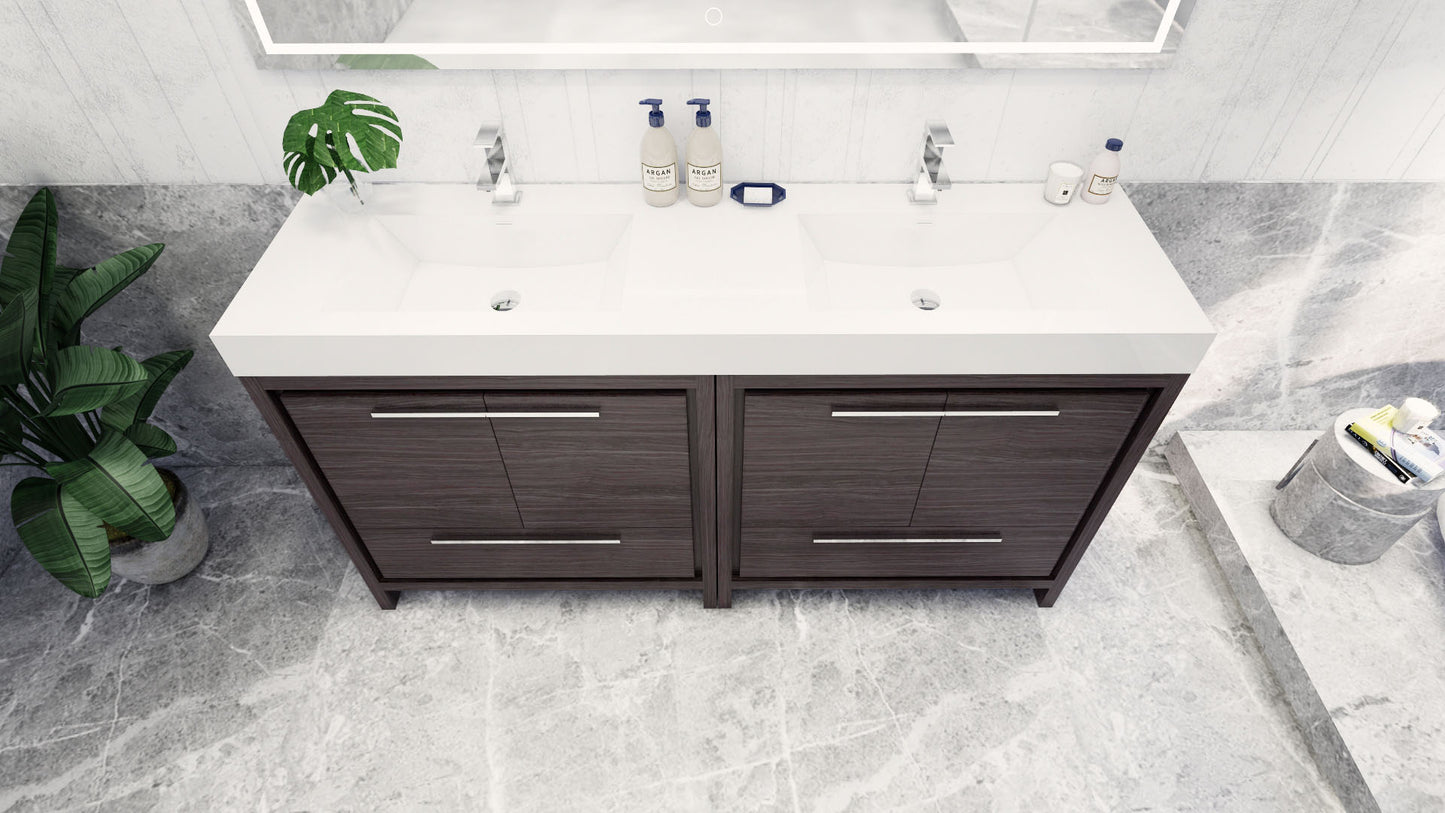 Azure 72" Dark Gray Oak Freestanding Vanity with Reinforced Acrylic Sinks