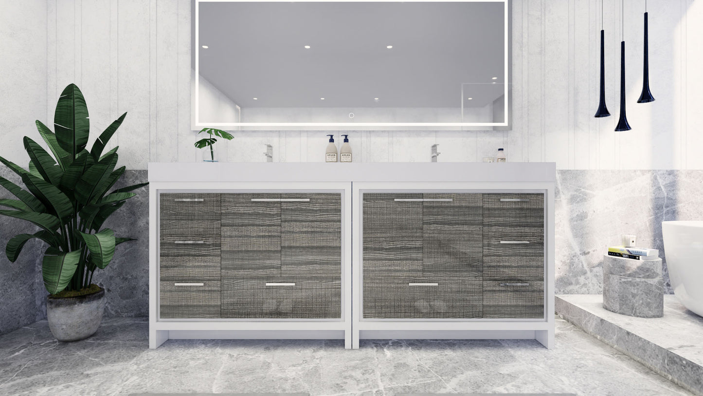 Azure 84" High Gloss Ash Gray Freestanding Vanity with Reinforced Acrylic Sinks