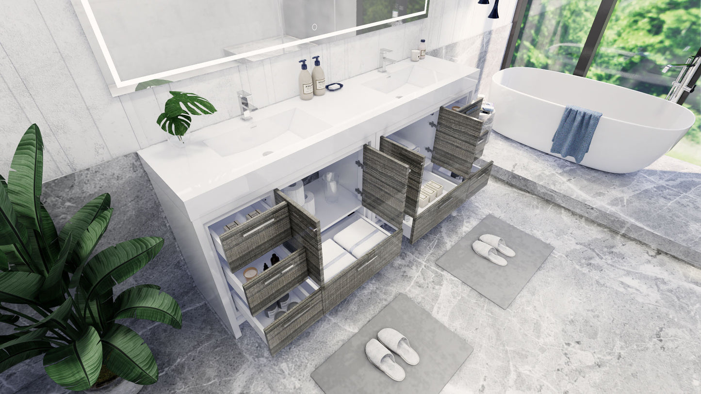 Azure 84" High Gloss Ash Gray Freestanding Vanity with Reinforced Acrylic Sinks