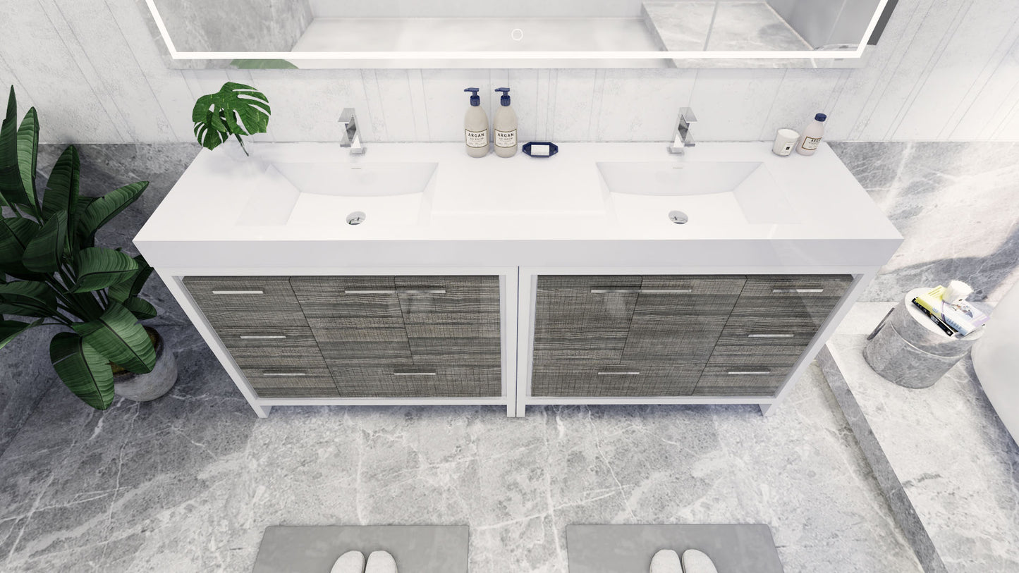 Azure 84" High Gloss Ash Gray Freestanding Vanity with Reinforced Acrylic Sinks