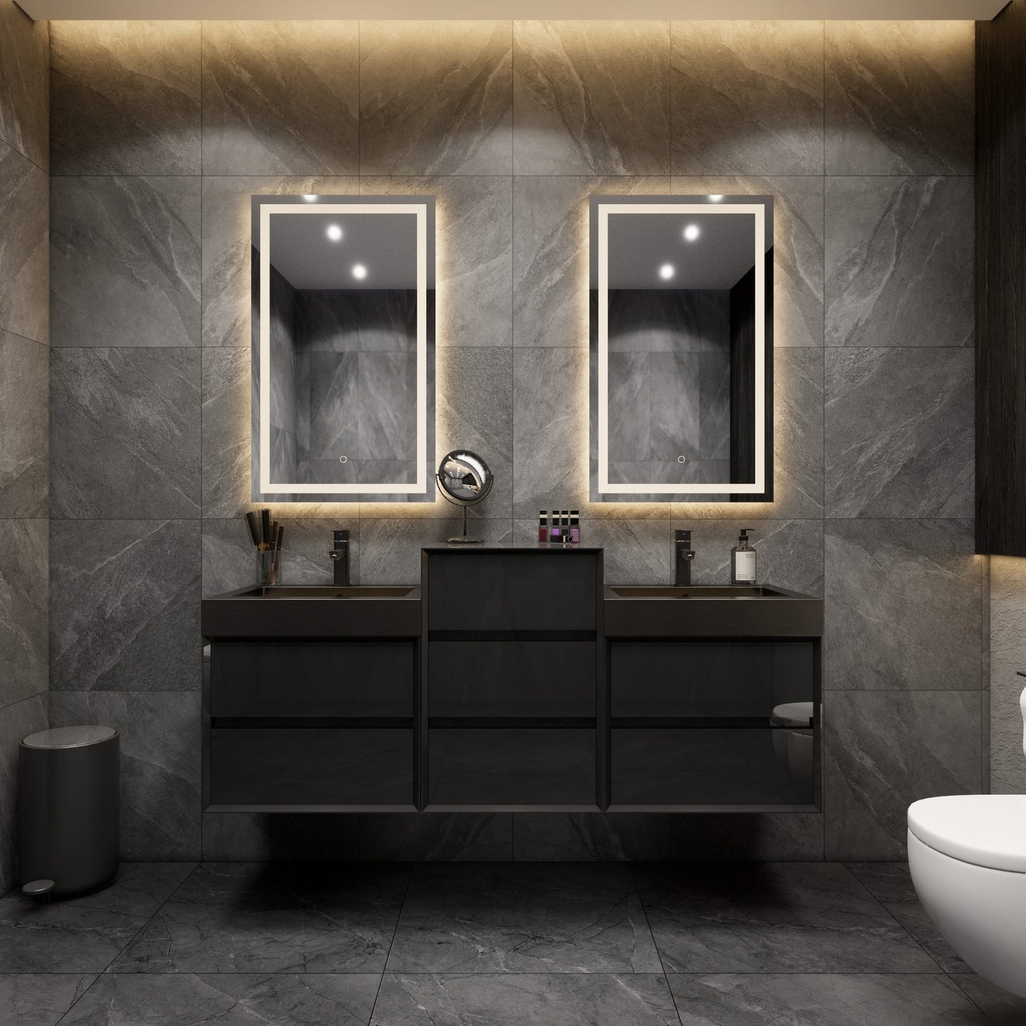 Max 68" Gloss Black Floating Wall-Mounted Bathroom Vanity Sink and Middle Cabinet with Max Black Stainless Steel Double Sink | Better Vanity Modern Minimal Luxury Bathroom Vanities | Los Angeles, CA USA