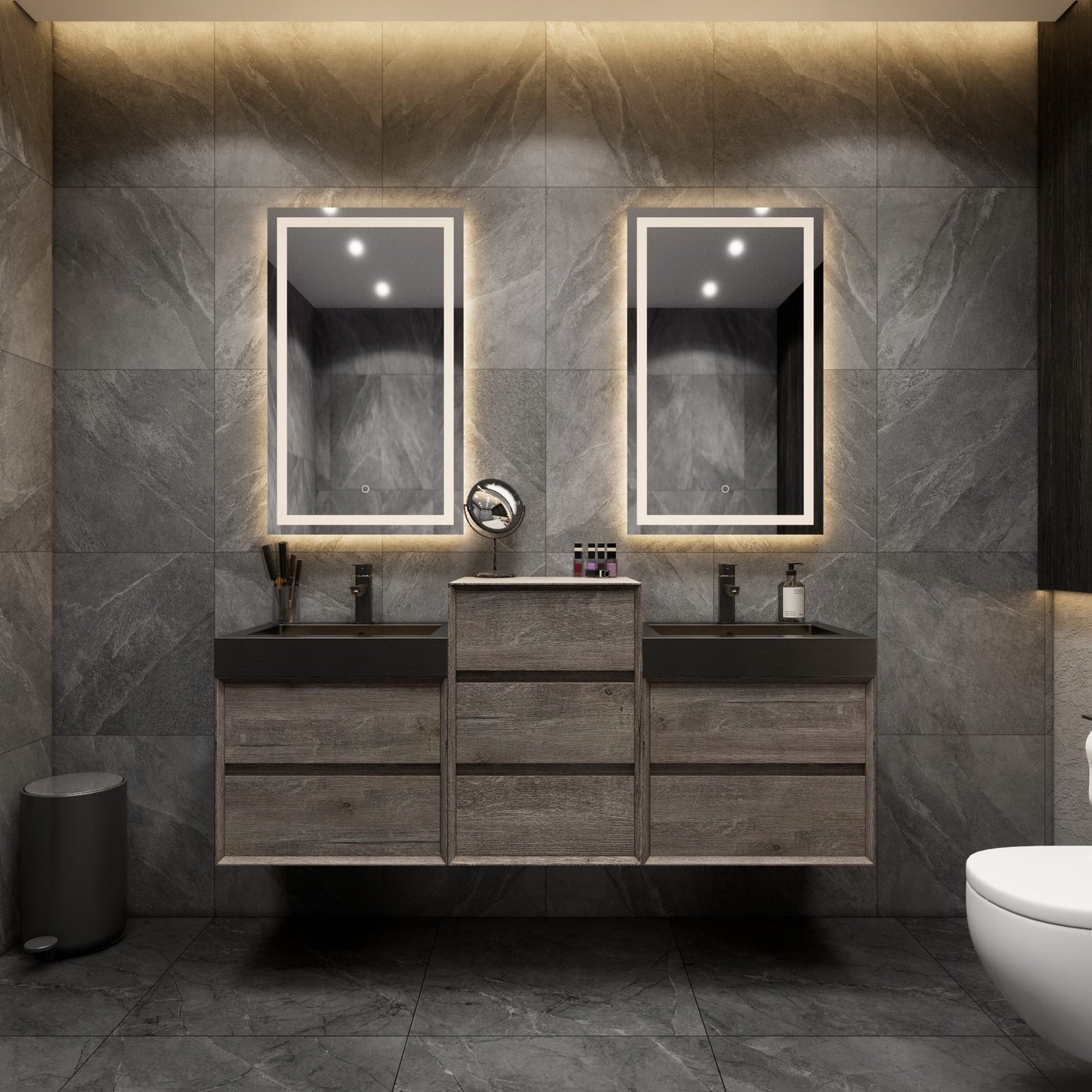 Max 68" Gray Oak Floating Wall-Mounted Bathroom Vanity Sink and Middle Cabinet with Max Black Stainless Steel Double Sink | Better Vanity Modern Minimal Luxury Bathroom Vanities | Los Angeles, CA USA