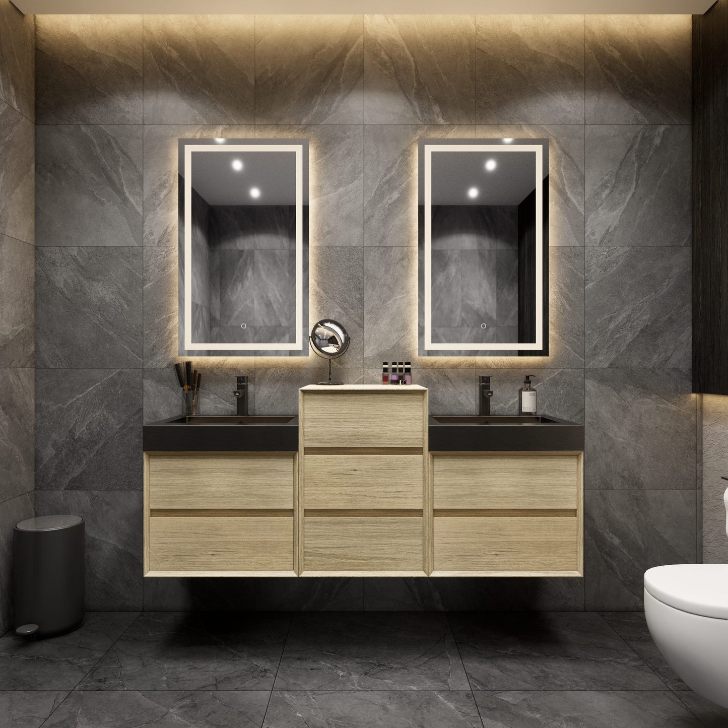 Max 68" Teak Oak Floating Wall-Mounted Bathroom Vanity Sink and Middle Cabinet with Max Black Stainless Steel Double Sink | Better Vanity Modern Minimal Luxury Bathroom Vanities | Los Angeles, CA USA