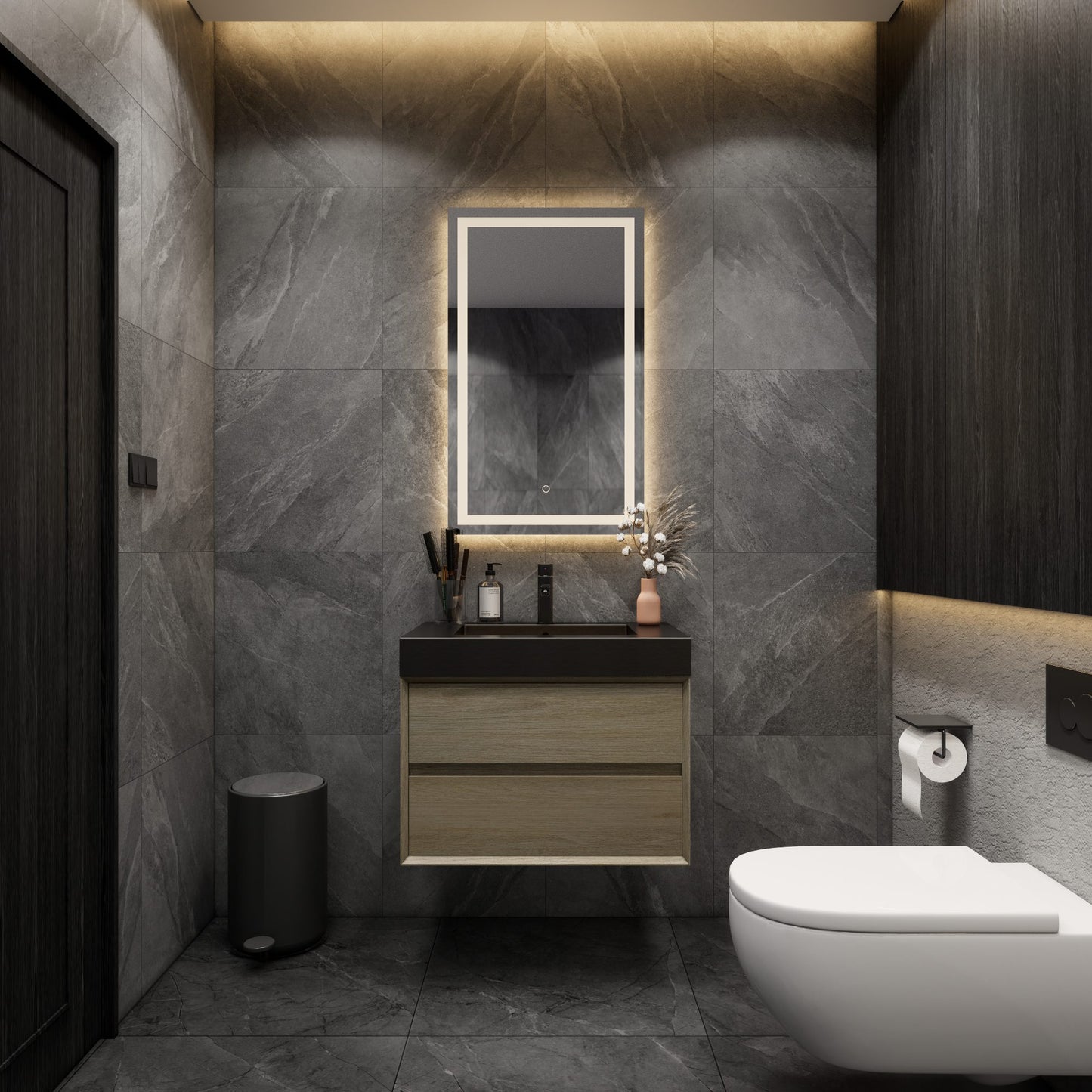 Max 30" Coffee Wood Floating Wall-Mounted Bathroom Vanity Sink with Max Black Stainless Steel Sink | Better Vanity Modern Minimal Luxury Bathroom Vanities | Los Angeles, CA USA
