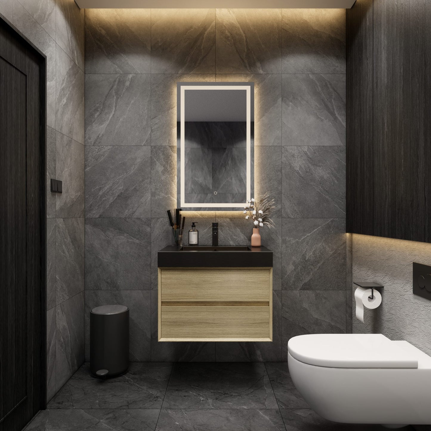 Max 30" Teak Oak Floating Wall-Mounted Bathroom Vanity Sink with Max Black Stainless Steel Sink | Better Vanity Modern Minimal Luxury Bathroom Vanities | Los Angeles, CA USA